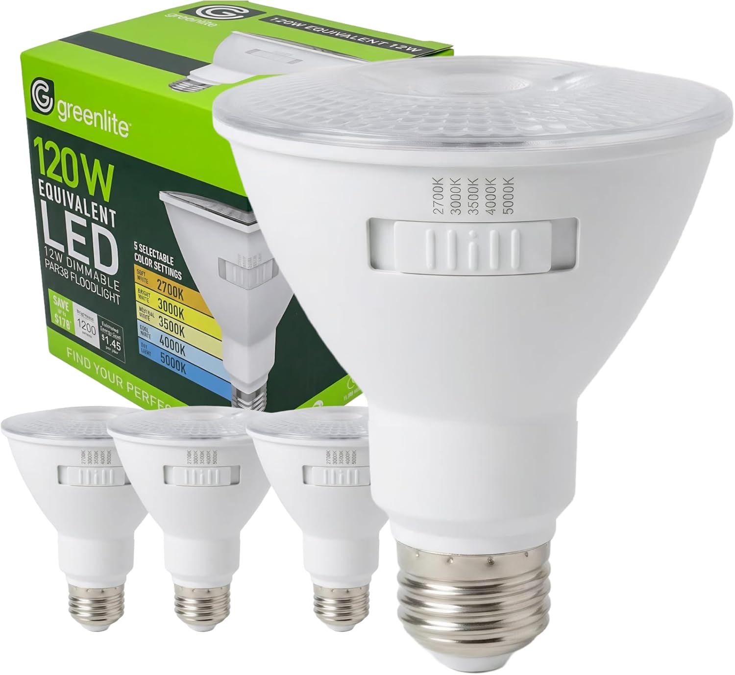 Greenlite PAR38 LED Flood Light Bulbs, 12W (120W Eqv), Enery Efficient Outdoor LED Light Bulb, 5 Color Selectable (2700K-5000K), Bright 1200 Lumens, Dimmable, E26 Base Bulb - 4 Pack
