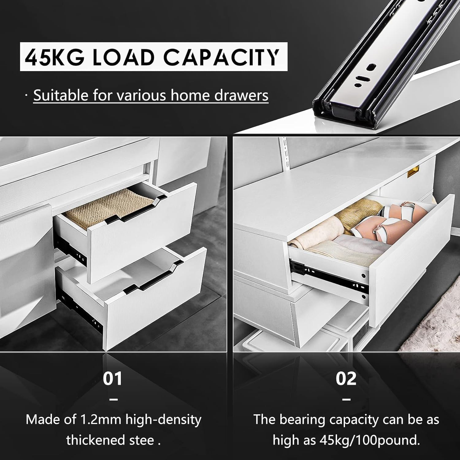 Image showing a drawer with items, demonstrating 45kg load capacity