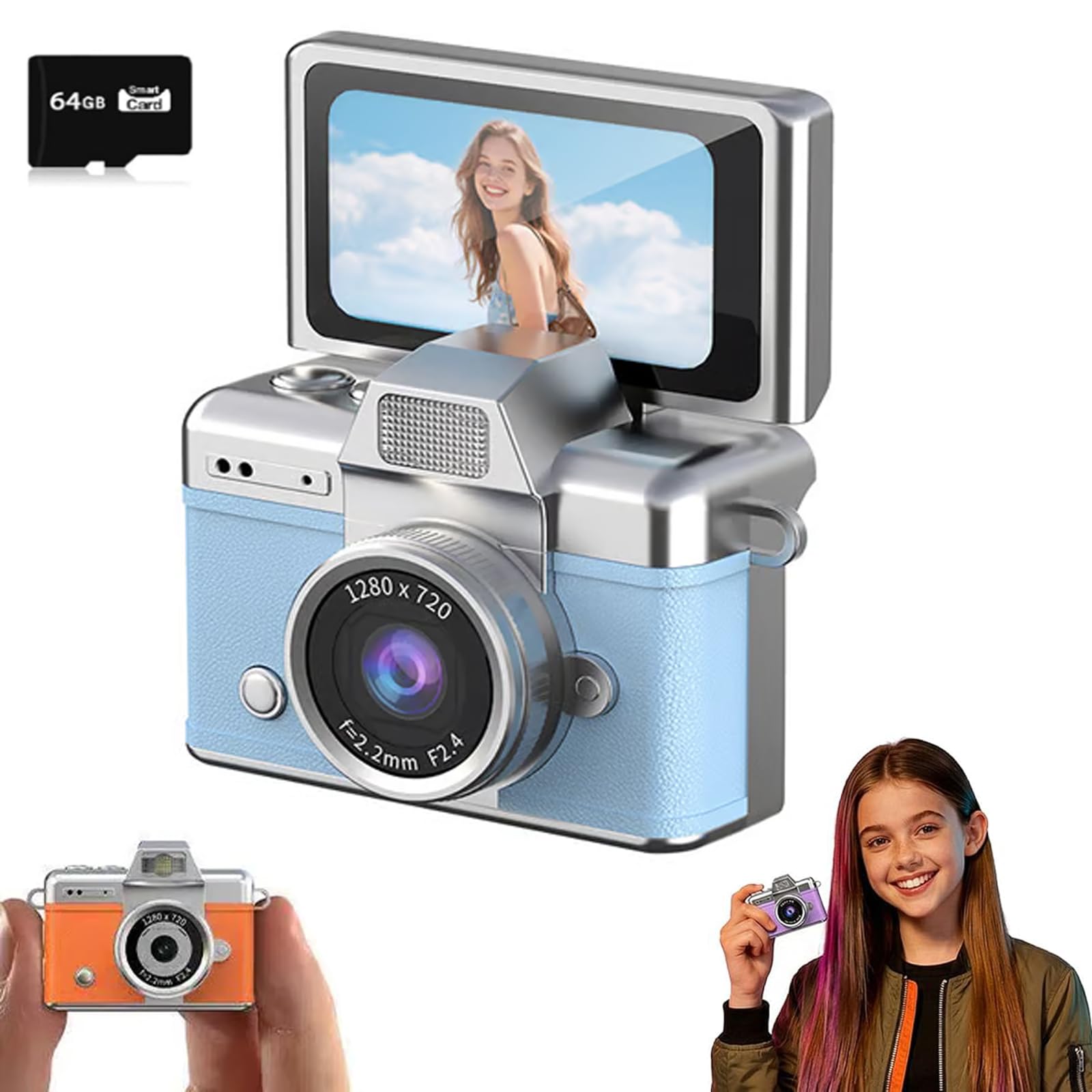 Mini Digital Camera with 1.47 in LCD Screen, 1080P Flip Screen Mini Camera with Built-in Flash & Flip Display, Portable Keychain Camera for Travel & Daily Use, with a 64GB Memory Card (Blue)-image-12