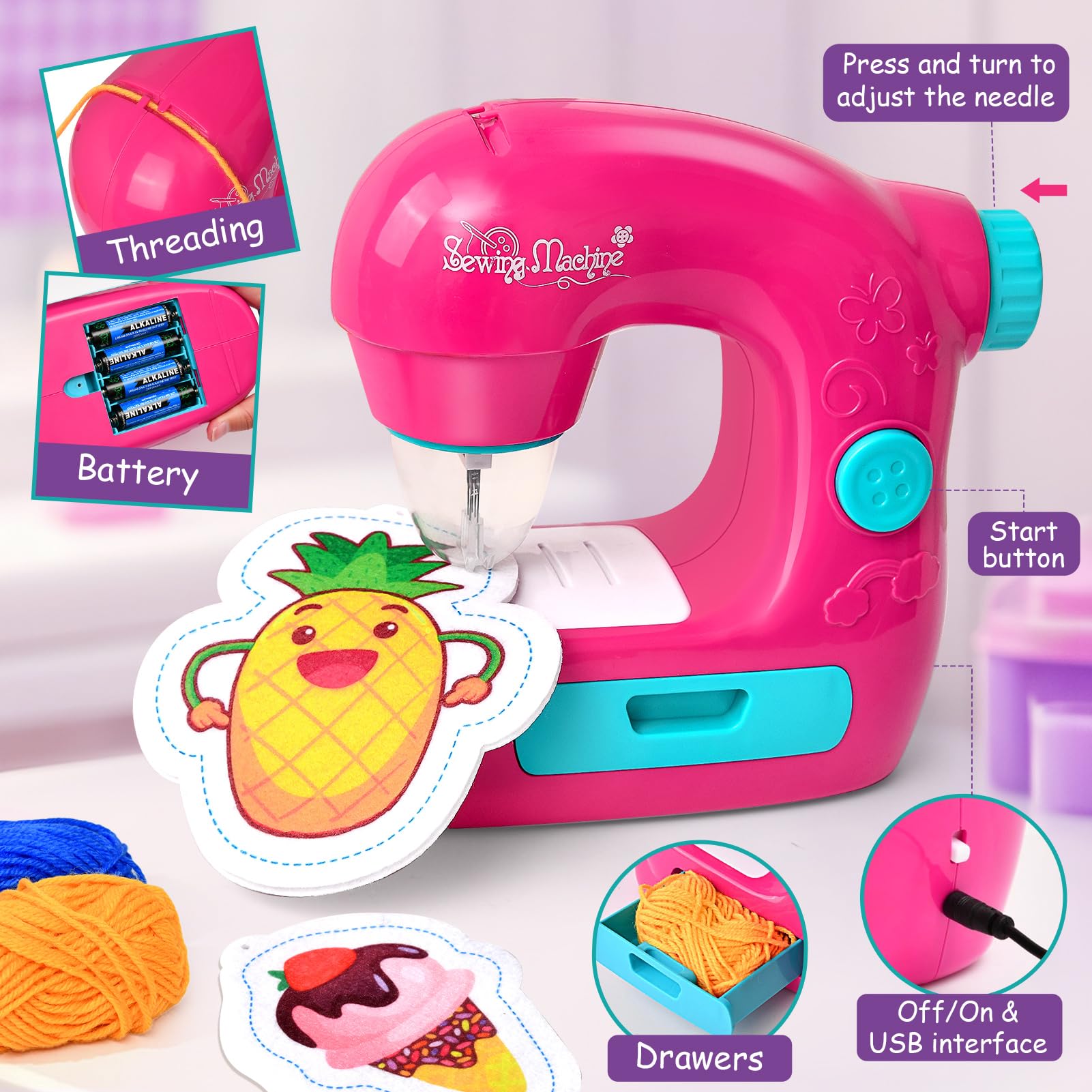 vamei Mini Máquina de Coser Infantil, Máquina de Coser Eléctrica con Telas, Hilos, Accesorios Completos, Kit Costura Niños, Kit Manualidades Niños, Regalo para Niñas 7 8 9 10 11 12 Años