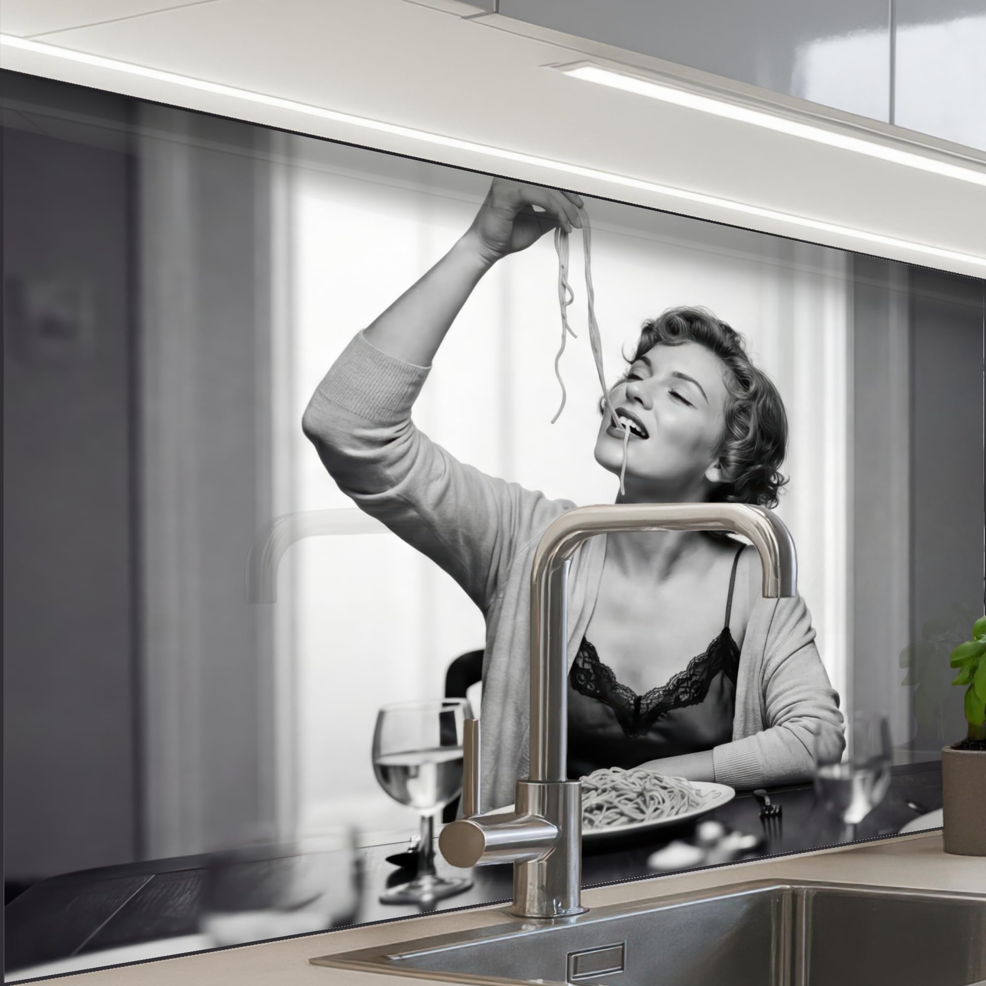KitchenYeah© Spritzschutz Küchenrückwand 60x80 cm Küche Abwaschbar Selbstklebend Küchenwand Küchenfront Küchen Rückenwand Wandschutz Frau - Spaghetti - Schwarz - Weiß