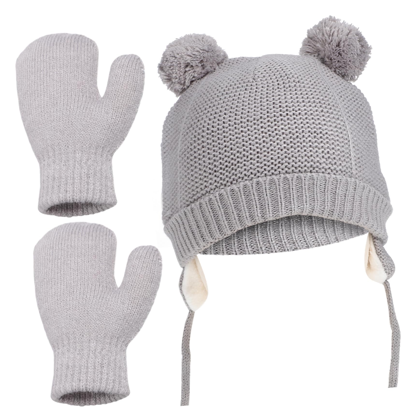 VANZACK Toddler Winter Hat Mittens Set Boys Girls Knit Hat Gloves Warm Fleece Lined Grey