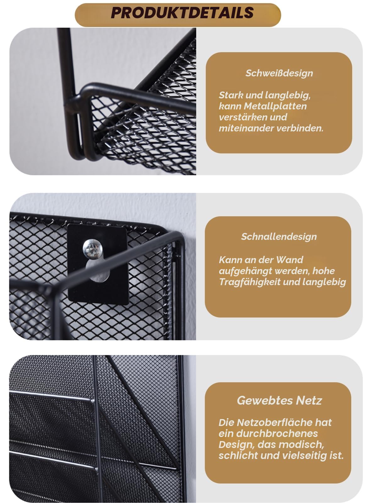 5-stöckiger Netz-Wandordner, 3 Taschen, vertikale Halterung, Hänge-Organizer mit oberer / unterer Ablage | 2 Haken | Wandhalterung und Türaufhängung für Büro Zuhause