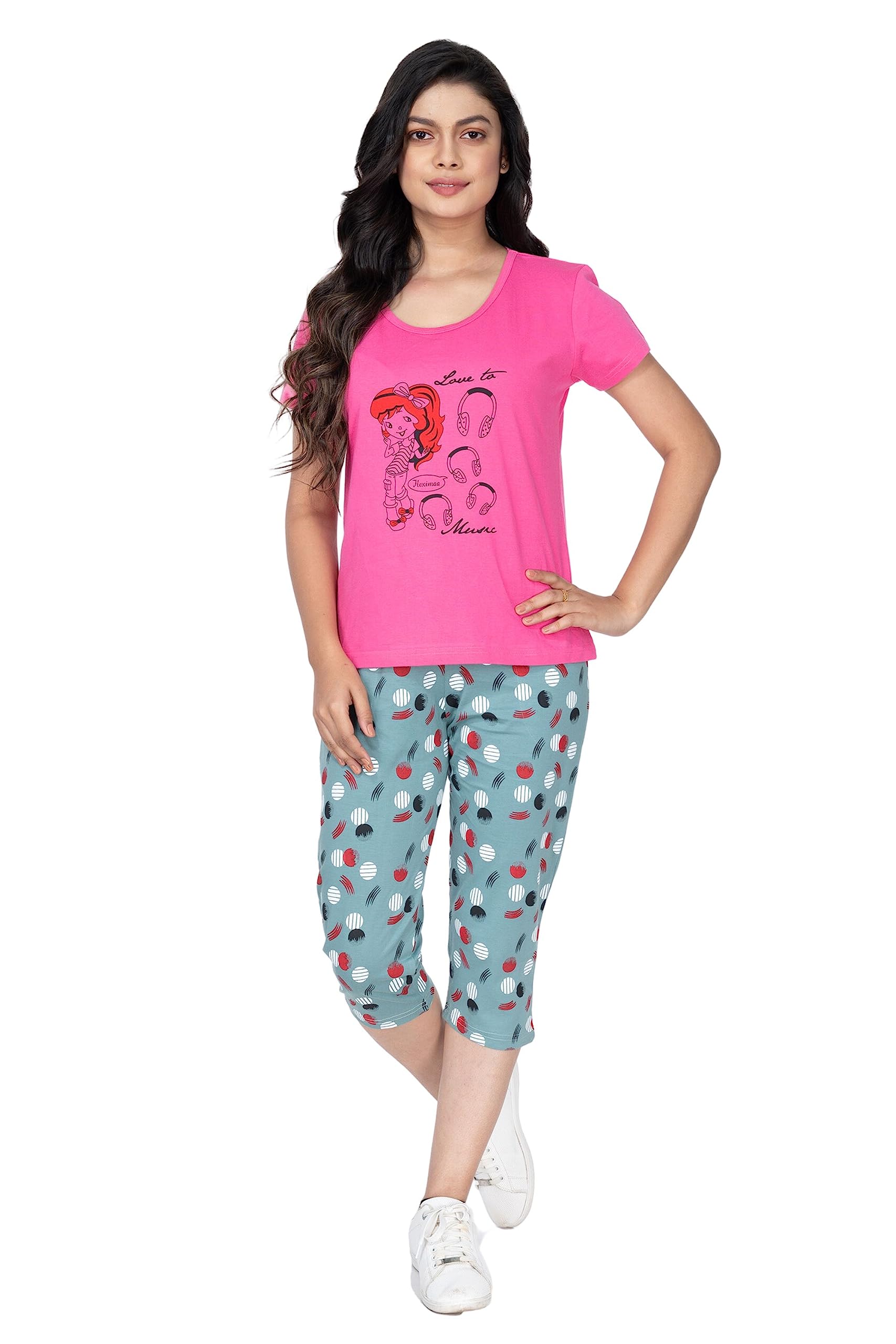 styleaone Women's Cotton Printed Night Suit Set of Top & Capri-picture-14