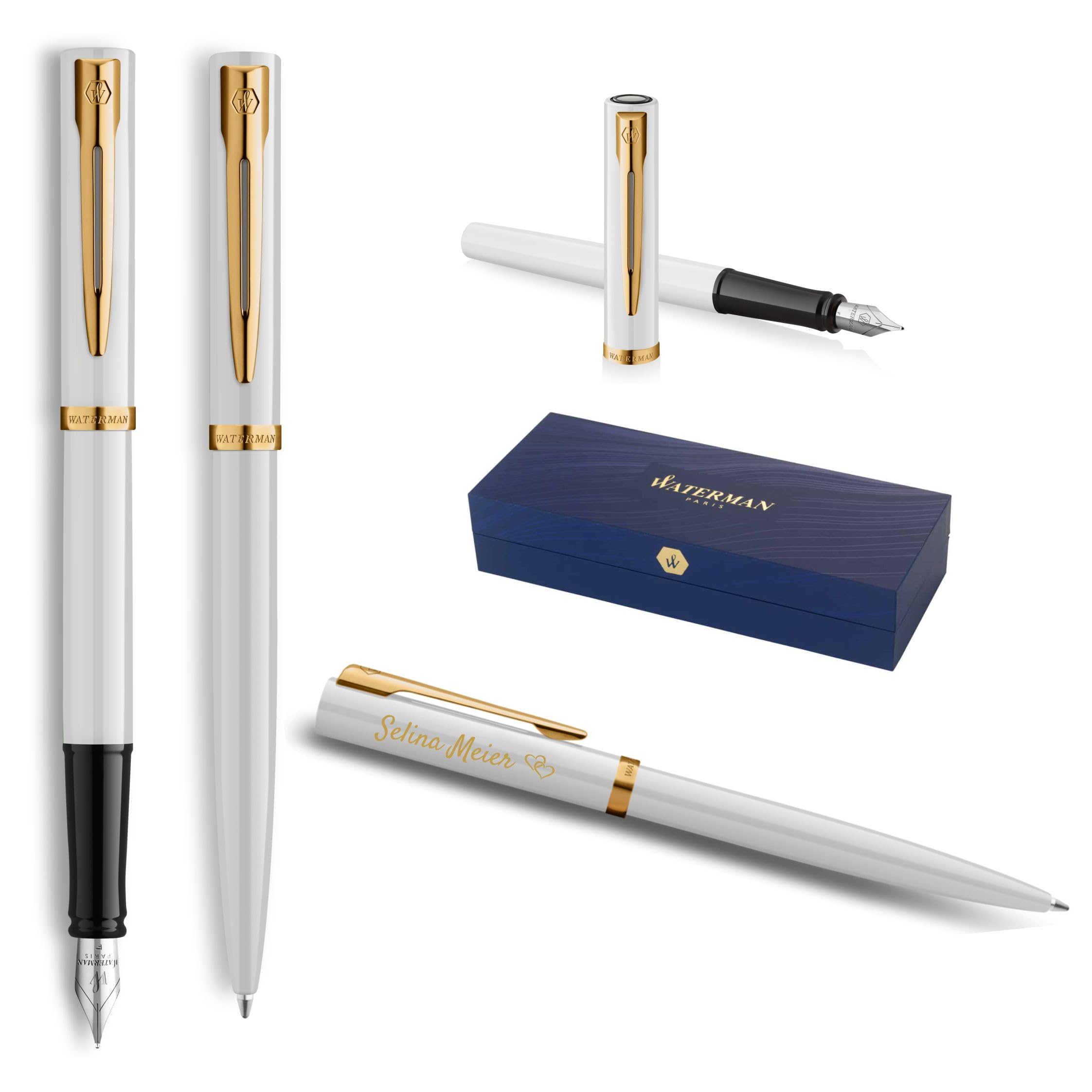 Waterman Impression Ballpoint Pen & Fountain Pen Set with Engraving - Personalised Premium Fountain Pen - Elegant Writing Set for Men & Women - Blue Ink (White GT)