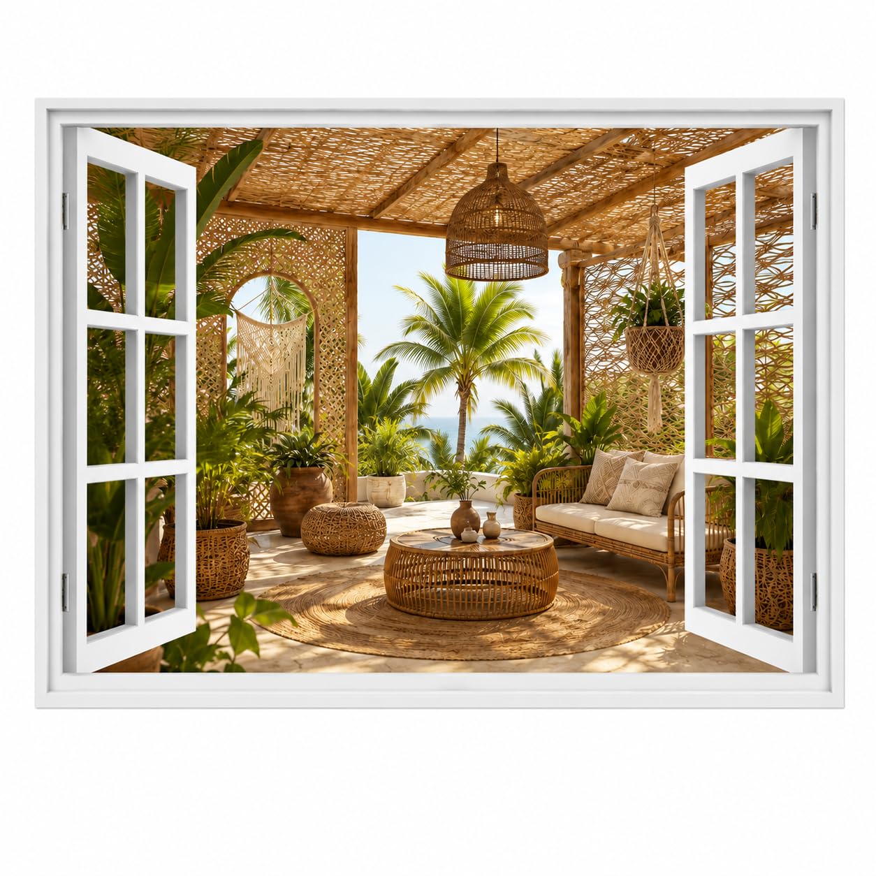 DreamKraft Boho Tropical Window Wall Decal Sticker, 24x18 Inch | 3D Illusion Effect, Wall Decal Sticker, Living Room & Bedroom, Cityscape View, Easy to Apply-image-2