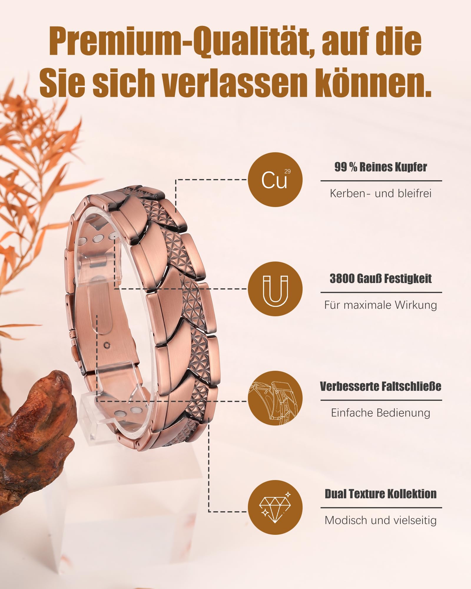 Jeracol Kupfer Magnetarmband Herren, 99% Reines kupferarmband mit ultrastarken Magneten, Einstellwerkzeug und Schmuck-Geschenkbox