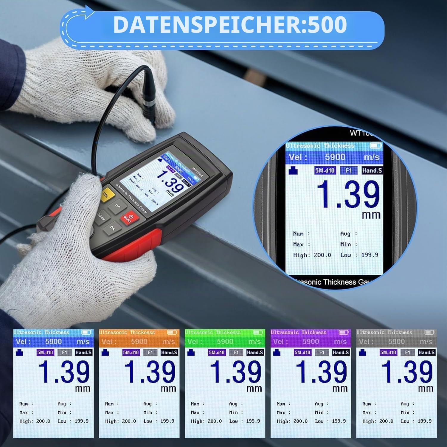 Ultraschall-Dickenmessgerät, 1-225.0mm 5 MHz Wanddickenmessgerät, Digitales Lackmessgerät Auto mit 500 Speicherwerten, Handheld Materialdickenmessgerät, für Metall Kunststoff Glas Keramik Rohrprüfung