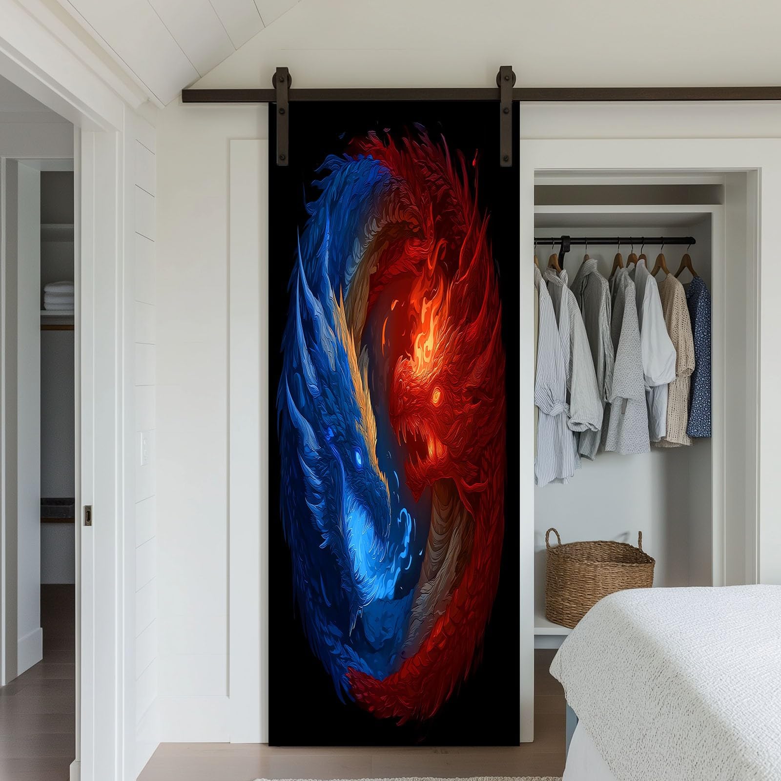 Naklejka 3D na drzwi 90 x 200 cm (szer. x wys.), tapeta na drzwi, obraz ścienny, Yin Yang, symbol smoka zwierzęcego, samoprzylepna, PCW, wodoodporna na drzwi, plakat na drzwi, fantastyczny styl