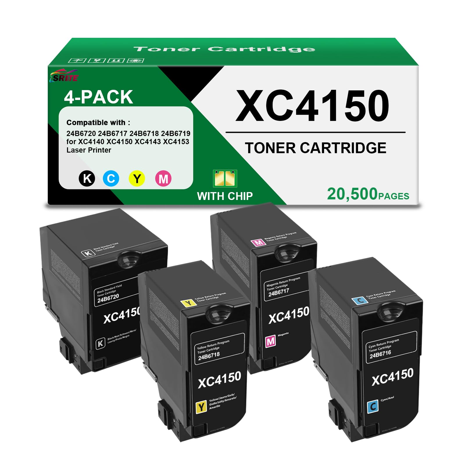 SRITE XC4150 XC4140 Toner Cartridge 4-Pack Extra High Yield | Replacement for Lexmark 24B6717 24B6718 24B6719 24B6720 for XC4140 XC4143 XC4150 XC4153 Printer Ink (with Chip)