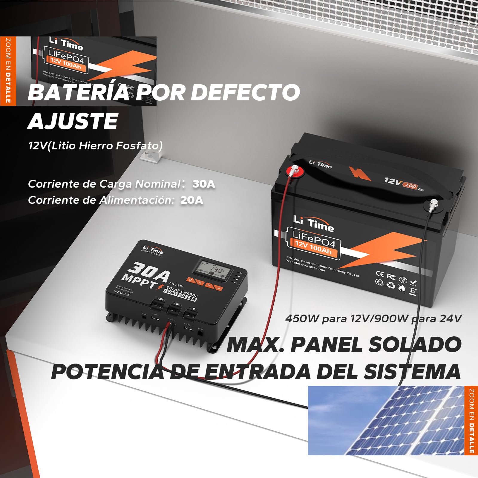 LiTime 30A Regulador Solar Mppt, Controlador de Carga Solar 12V/24V con Adaptador Bluetooth, Pantalla LCD e LED, Regulador de Carga Panel Solar para Baterías Litio Selladas Baterías de Plomo-ácido