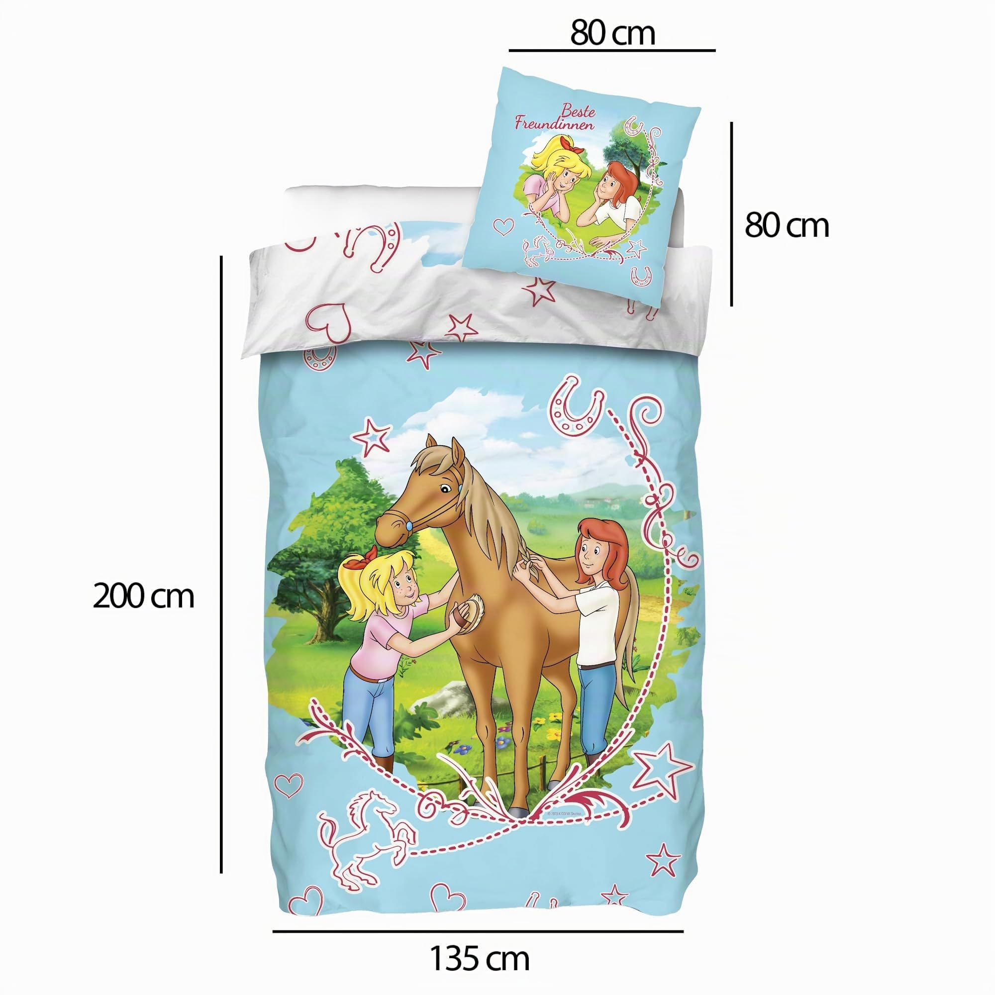 BERONAGE Bibi und Tina Kinder-Bettwäsche Sternenzauber Blau 135 x 200 + 80 x 80 cm 100% Baumwolle Biber-Flanell-Qualität Blocksberg Pferde-Bettwäsche Sabrina Amadeus Martinshof mit Reißverschluss