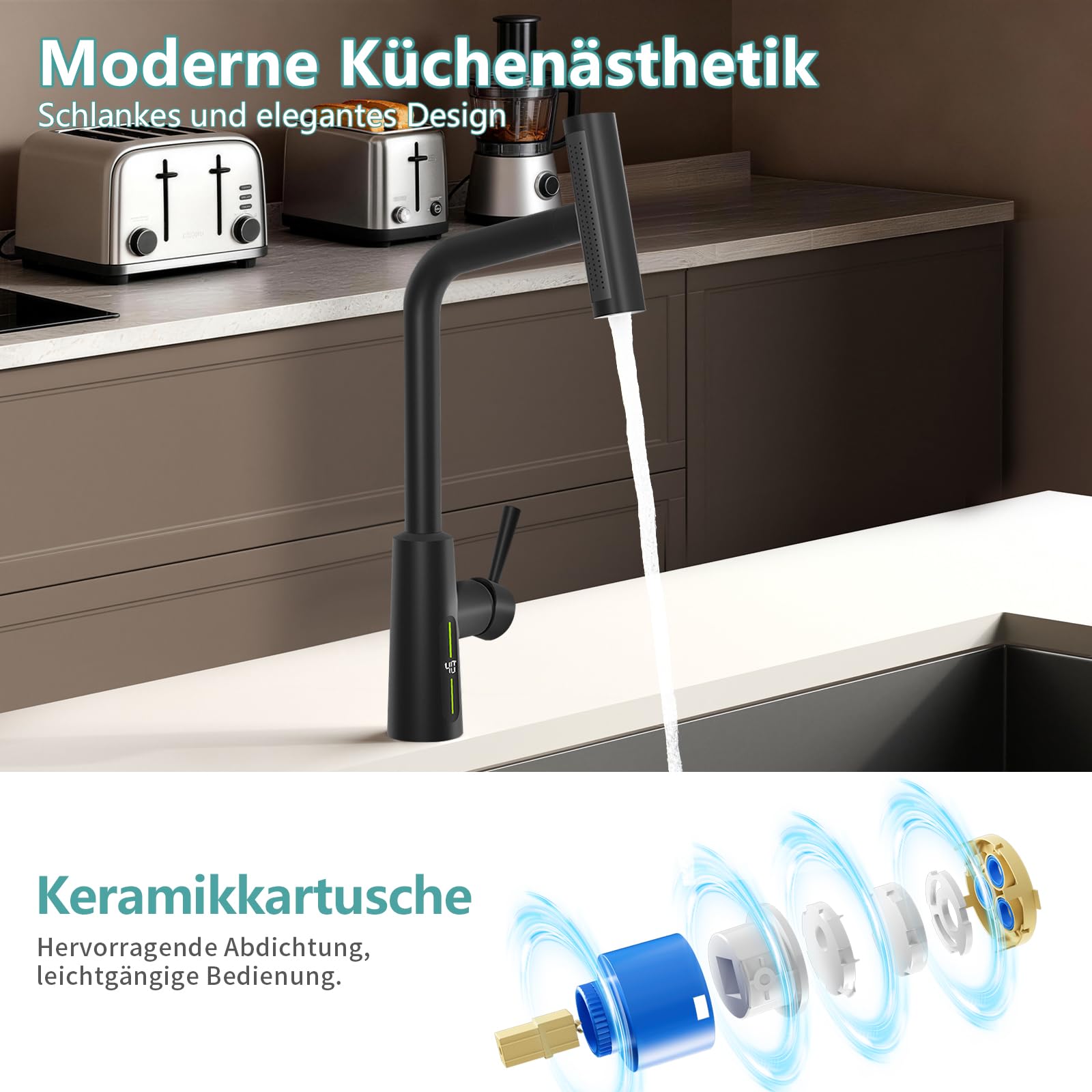 MIAOHUI Bateria kuchenna wysuwana ze wskaźnikiem temperatury, jednouchwytowa bateria mieszakowa, 4 tryby pracy, kran kuchenny, wysuwana, obracana o 360°, wysokociśnieniowa armatura zlewozmywakowa