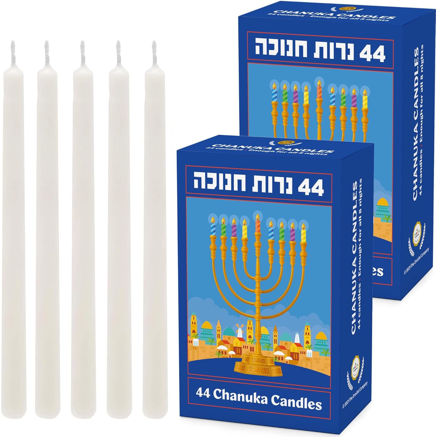 The Dreidel Company White Hanukkah Candles, (2-Pack) Jerusalem Design Menorah Chanukah Candles, 44 for All 8 Nights of Chanukah,
