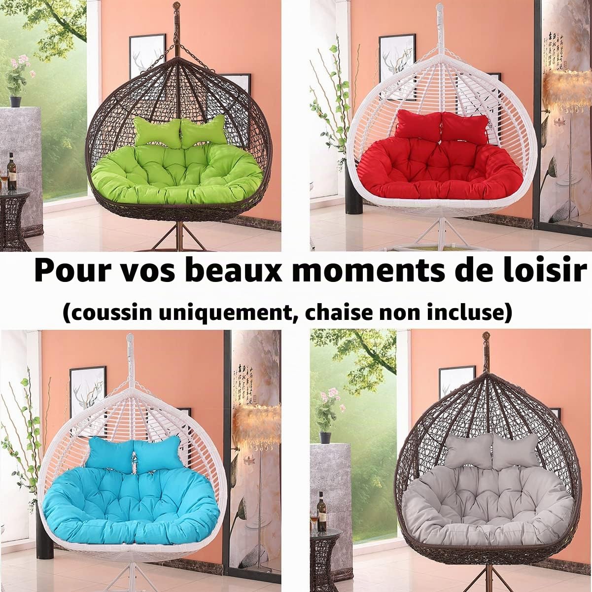 Coussin œuf Chaise longue à balançoire à Double suspension, coussin doux et profond, coussin de chaise pivotante d'extérieur 2 places avec attaches, entièrement remplissant, ne s'effondre pas(Cream)