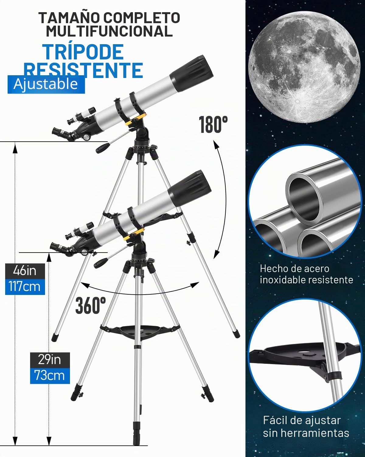 Telescopio Astronómicos para Adultos, Telescopios Refractores con Trípode, Telescopios Refracción 90mm Apertura 900mm para Niños Principiantes, Telescope portátil con Barlow, Teléfono Soporte
