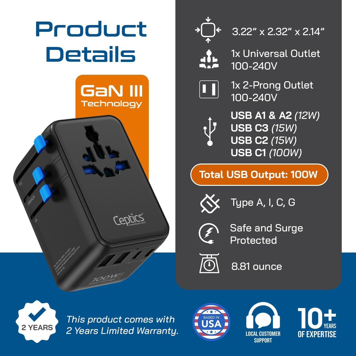 Ceptics GAN Adaptador de Viaje Universal de 100 W con Cable USB C retráctil, 2 USB-A & C, Entrada Universal y 1 Entrada US/JP, Adaptador Universal 7 en 1 para Viajes por Todo el Mundo