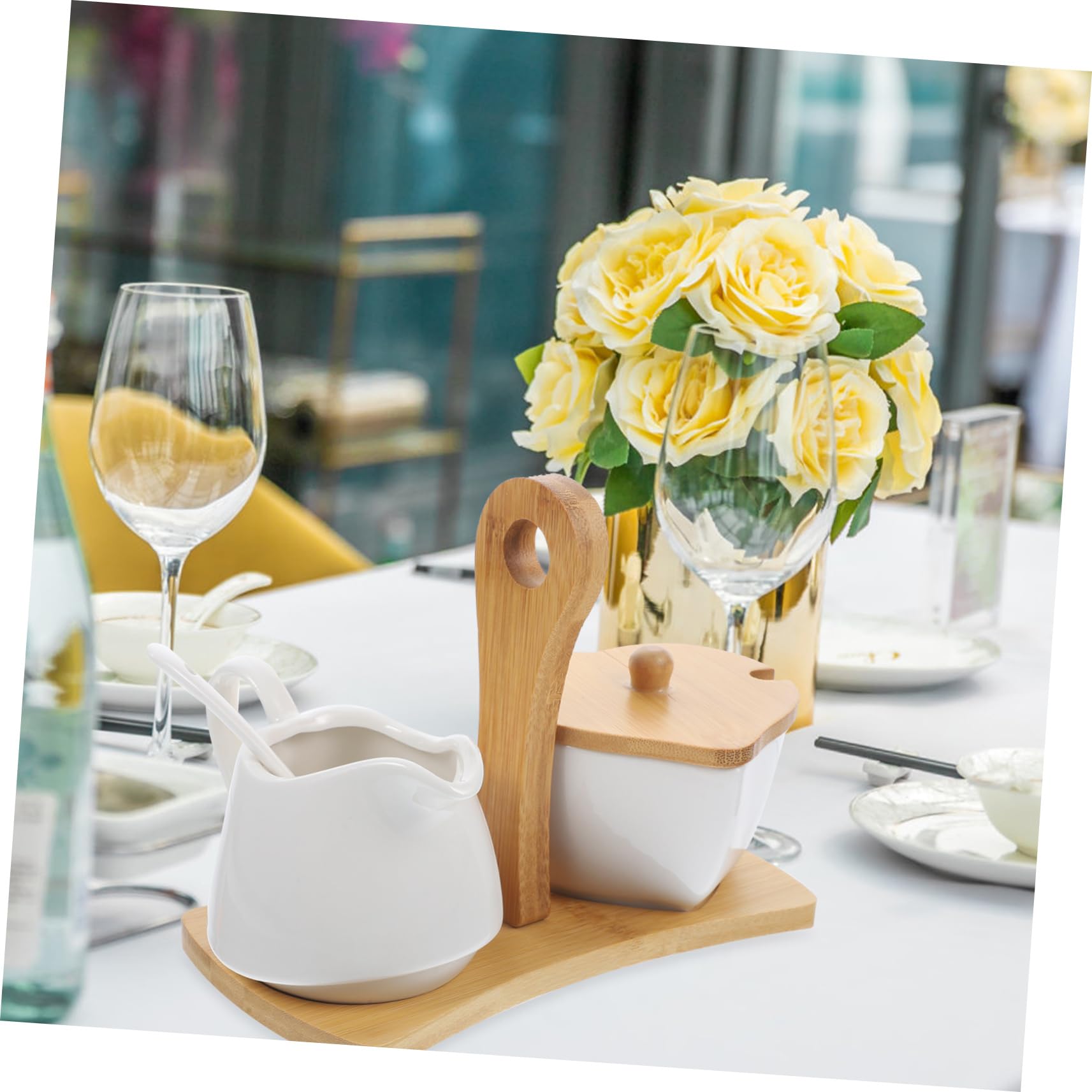 Amosfun Azucarero y Jarra De Crema De Cerámica con Bandeja y Cuchara De Bambú Conjunto para Hogar y Hotel Diseño Simple Material Cerámico Premium para Té