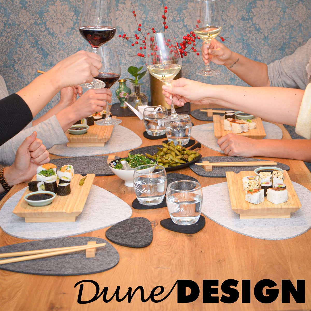 DuneDesign Ensemble de vaisselle à sushi pour 2 personnes - 27 x 16 x 4 cm - Planche à sushi - Ensemble complet - Assiette à sushi - Plateau de service en bois - Plateau en bambou - Accessoires sushi