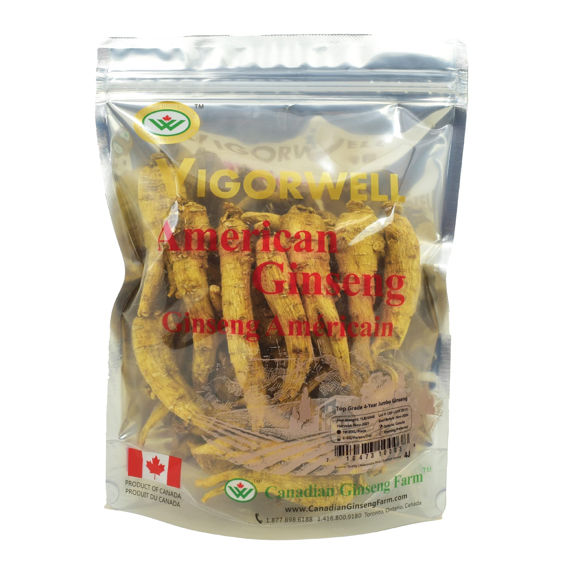 Buy VigorWell Premium 4Year Jumbo Ginseng Root (1LB/16OZ/454G)Proudly