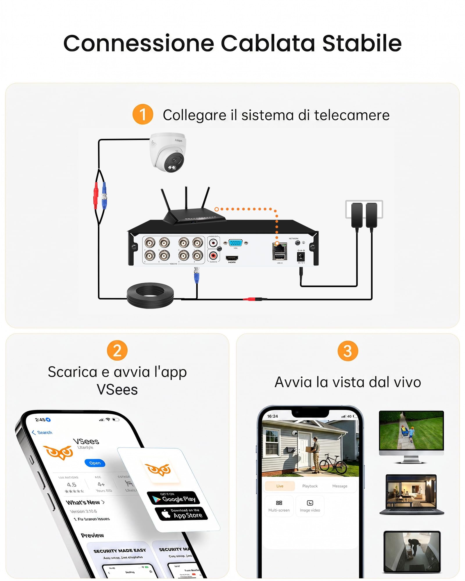 Anlapus 4K 8MP Set di telecamere di sorveglianza per esterni, 8CH 1TB DVR, 4 telecamere dome BNC cablate con registrazione audio, riconoscimento KI persone e veicoli, IP66 resistente alle intemperie