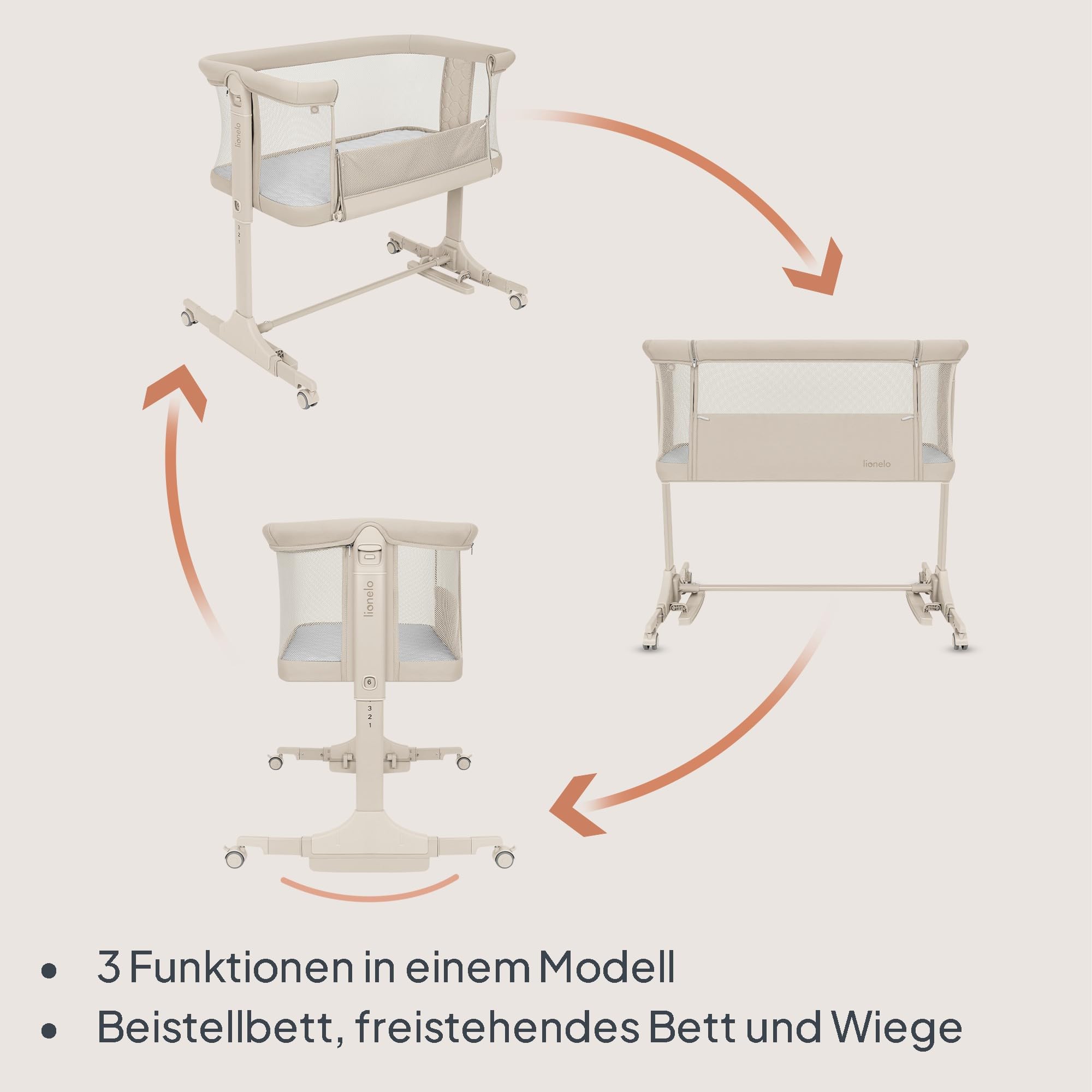 Lionelo Pari Beistellbett 3in1, 6-Fach höhenverstellbar mit Neigungsverstellung für Boxspringbett, als Wiege & Babybett, Netzseiten, Rollen mit Bremse, Matratze, Gurte, Transporttasche, 84 x 48 cm - 3
