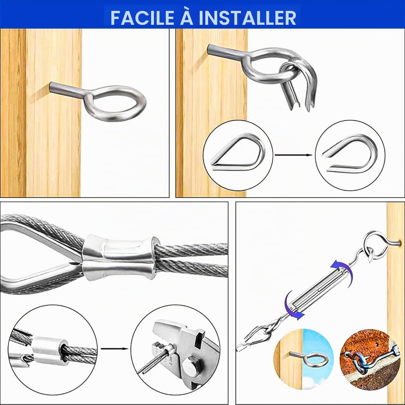 30 Mètres Câbles Inox en Acier 3mm Gainé, Cable Plante Grimpante Exterieur, pour Les Guirlandes Lumineuses, Les Cordes à Linge et Les Suspensions de Rideaux, Comprend un Jeu de Tendeurs de Câble