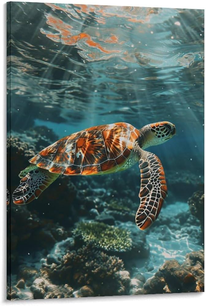 Amazon.co.jp: 絵画 海底を泳ぐ亀 アートパネル ポスター 動物イラスト