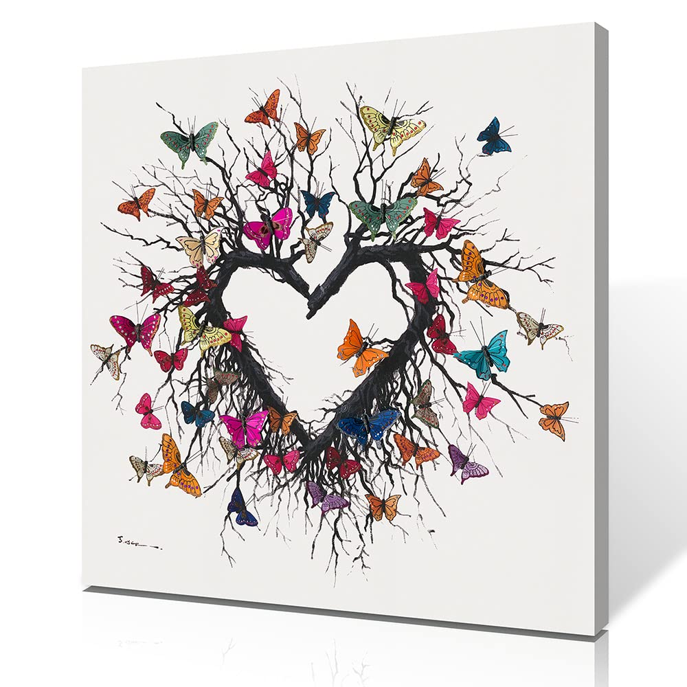 Yidepot Butterfly Canvas Print Wall Art for Bedroom: Heart Shaped Branches Surrounded by Colorful Butterflies Love Themed Picture for Teen Girls (50x50CM) - Image 2