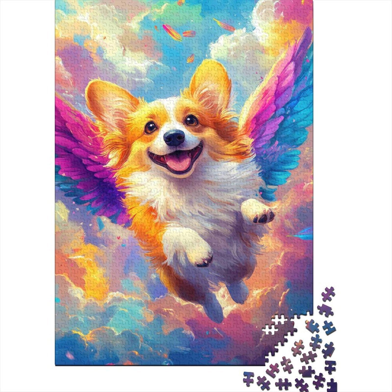 Flying Corgi Angel 1000 Pieces Jigsaw & Jigsaw Puzzle Recycled Cardboard High Difficulty Brainteasing Winged Corgi for Women & Families 52x38cm/1000pcs