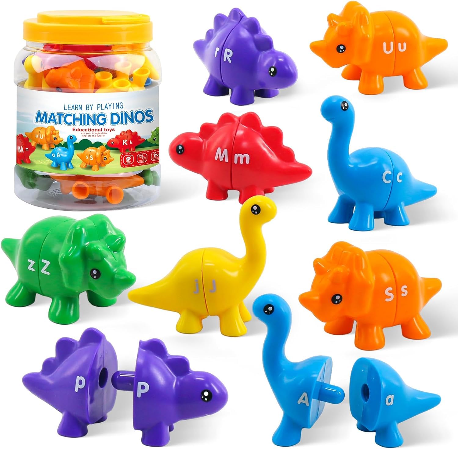 KAHEIGN 13Pcs Alphabet Dinosaurs Matching Toys, 26Pcs Double-Side ABC Montessori Learning Toy Matching Letter Fine Motor Toy for Kindergarten, Children's Day, Birthday Gifts, Party Favors