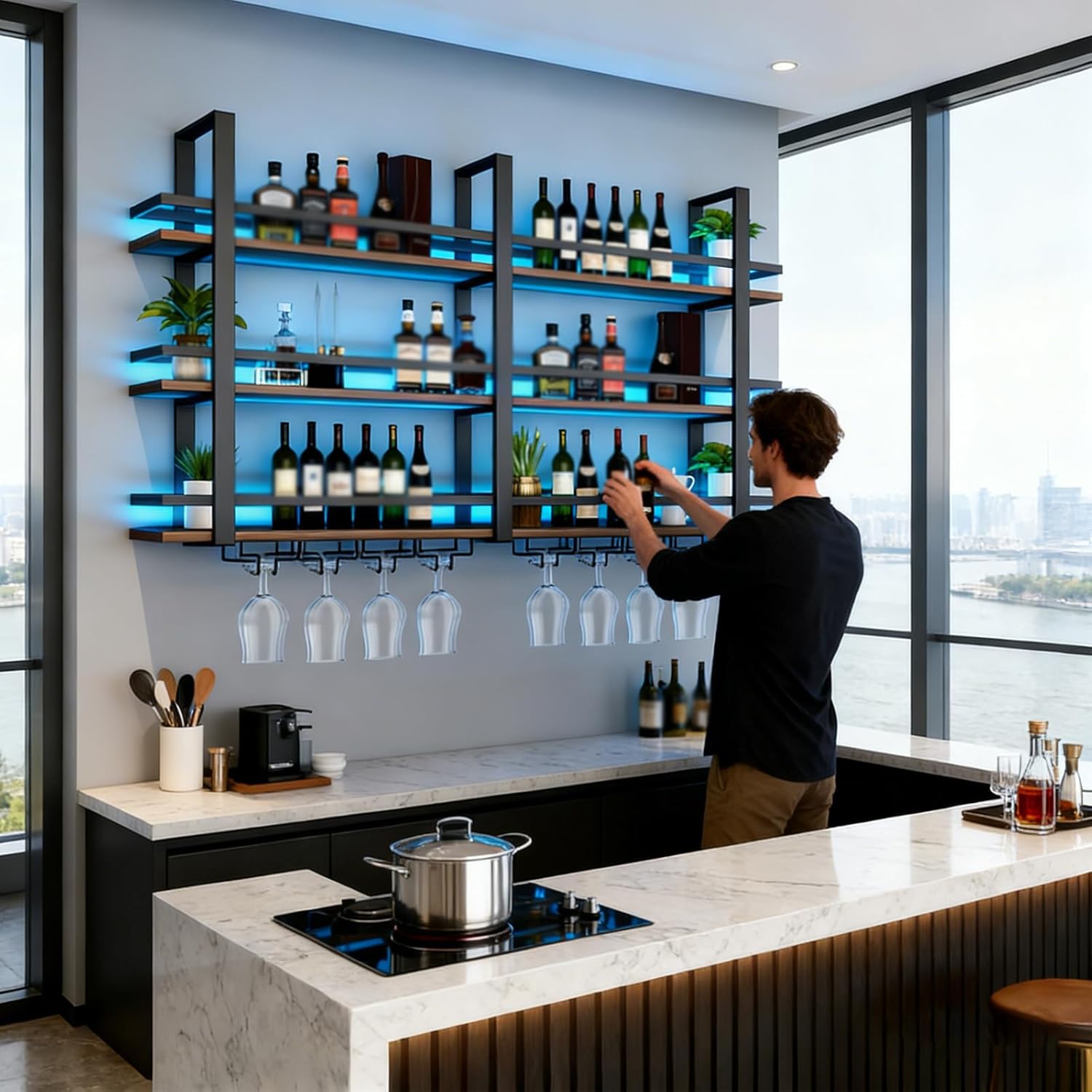 Wine Rack Wall Mounted with LED Lights, 3 Tier Metal Liquor Floating Display Shelves, with Wine Glass Rack, Iron & Wood Industrial Wall Wine Rack, for Bar, Kitchen, Cafe (Black, 39.4in)