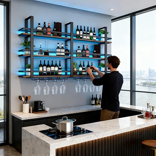 Vista 3 de Estante para vino montado en la pared con luces LED, estantes flotantes de 3 niveles de licor de metal, con estante para copas de vino, estante