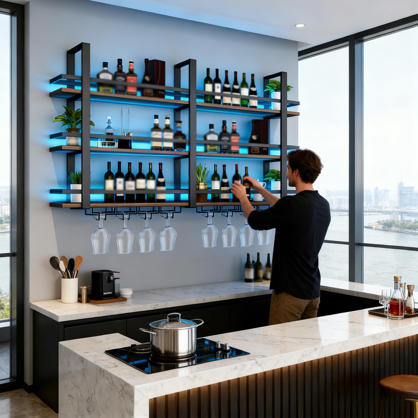 Portabottiglie da Parete con luci a LED, Ripiani Espositivi Galleggianti in Metallo a 3 Livelli per Liquori, con Portabicchieri, Portabottiglie da Parete Industriale, per Bar, Cucina (Black, 140cm)