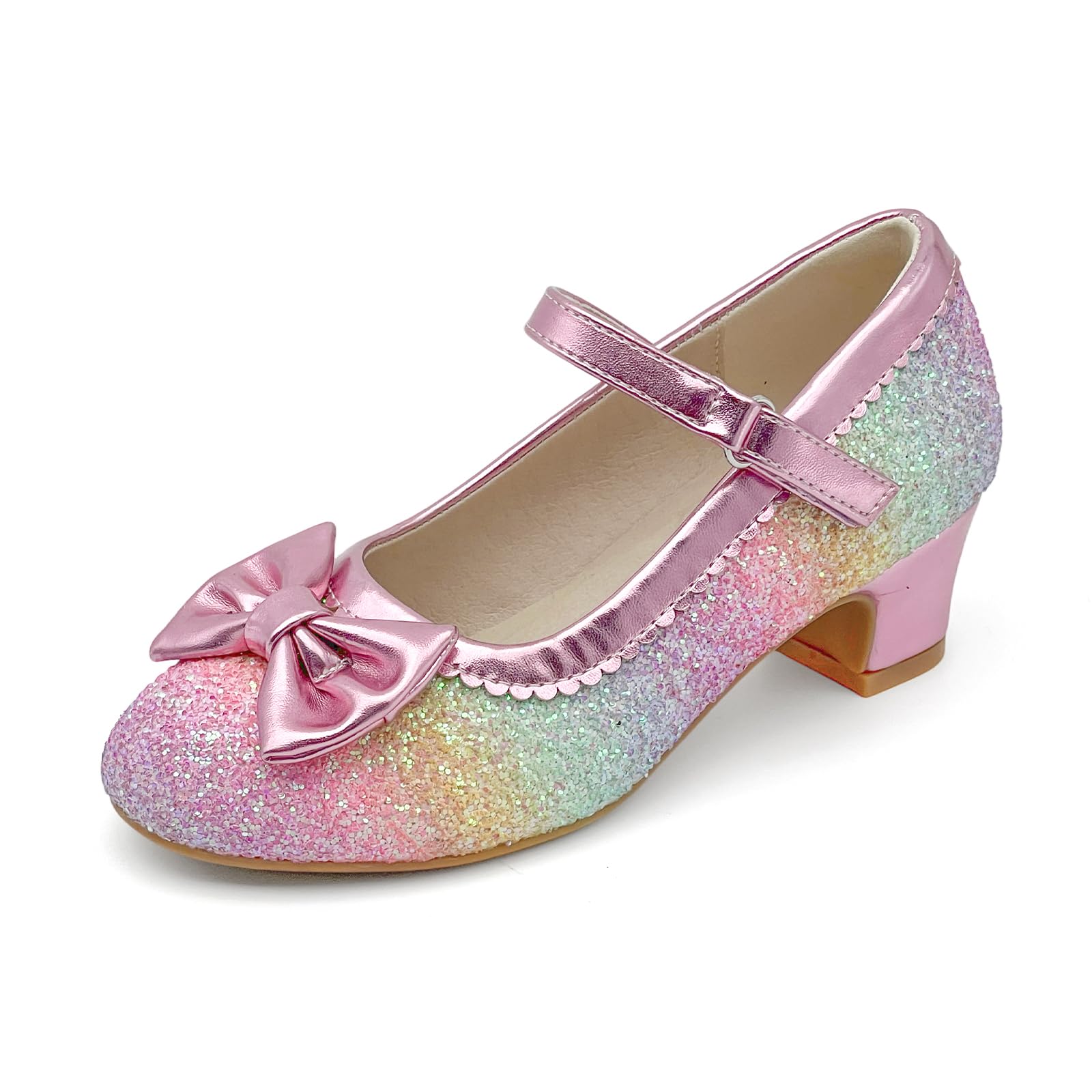 Girls Dress Shoes Low Heel Glitter Princess Shoe Flower Mary Jane Party Wedding Prom Shoes for Toddler Little Kids