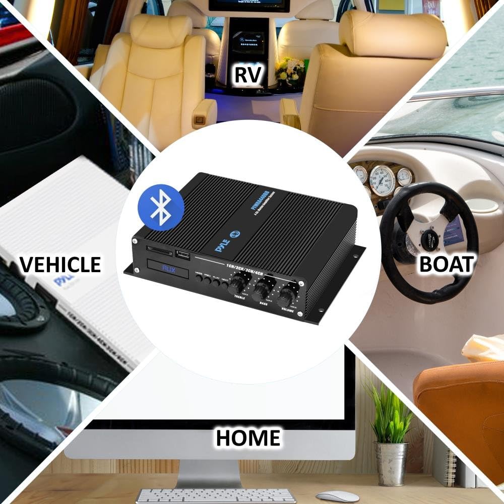 Pyle 4 Channel Marine Amplifier - Compact Power 400 Watt RMS 4 OHM Full Range Stereo & Waterproof - Wireless Bluetooth Receiver Audio Speaker with LCD Digital Screen - PFMRA440BB