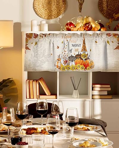 Miniatura 4 de Cenefa de cortina de cocina de gnomo de otoño, cenefa de cortina de calabaza de Acción de Gracias, bolsillo para barra, 1 panel de cenefas pequeñas