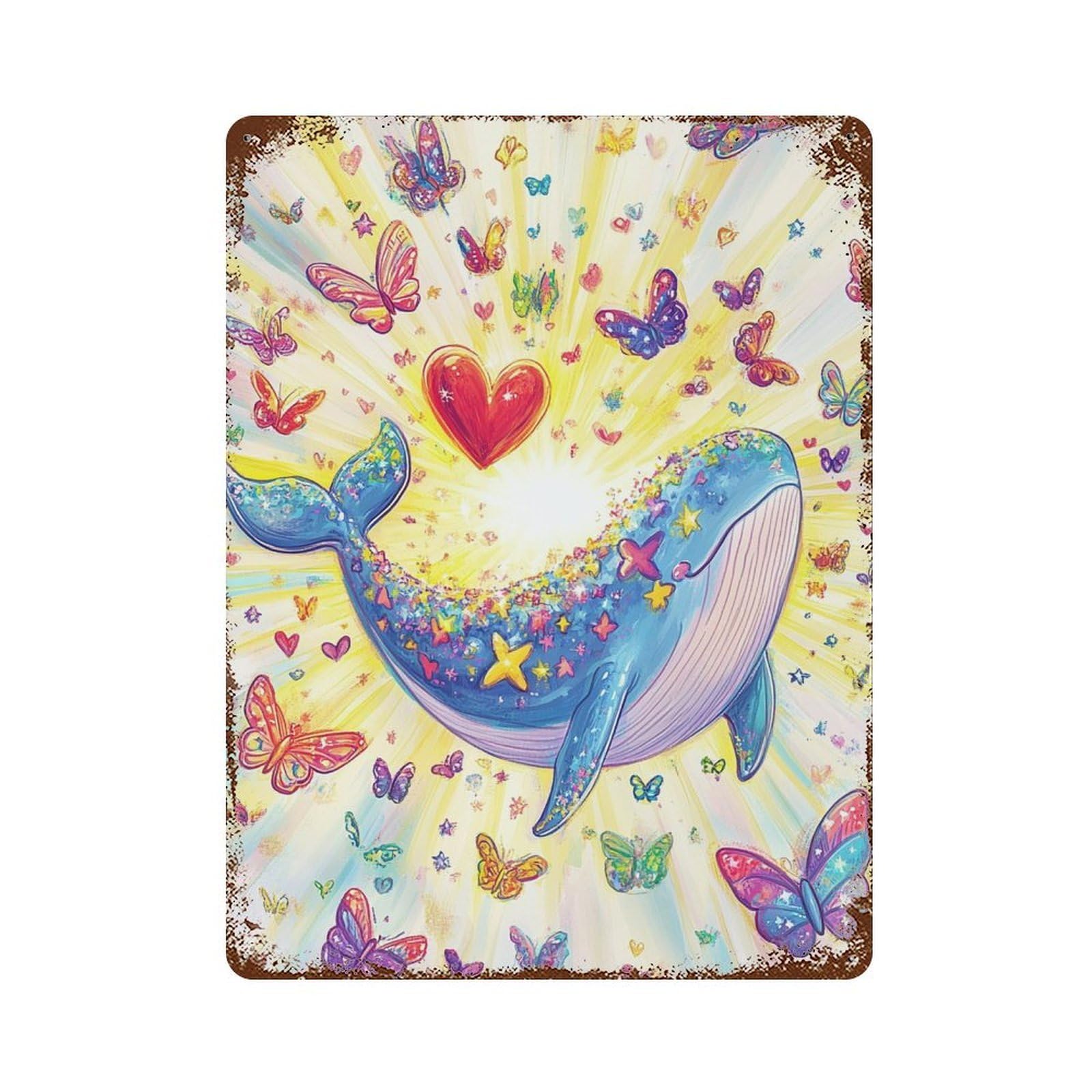 Whale with Butterflies And Hearts 15.7"x11.8" Weathered Tin Sign, Shabby Chic Decor for Farmhouse, Kitchen And Entryway Decor