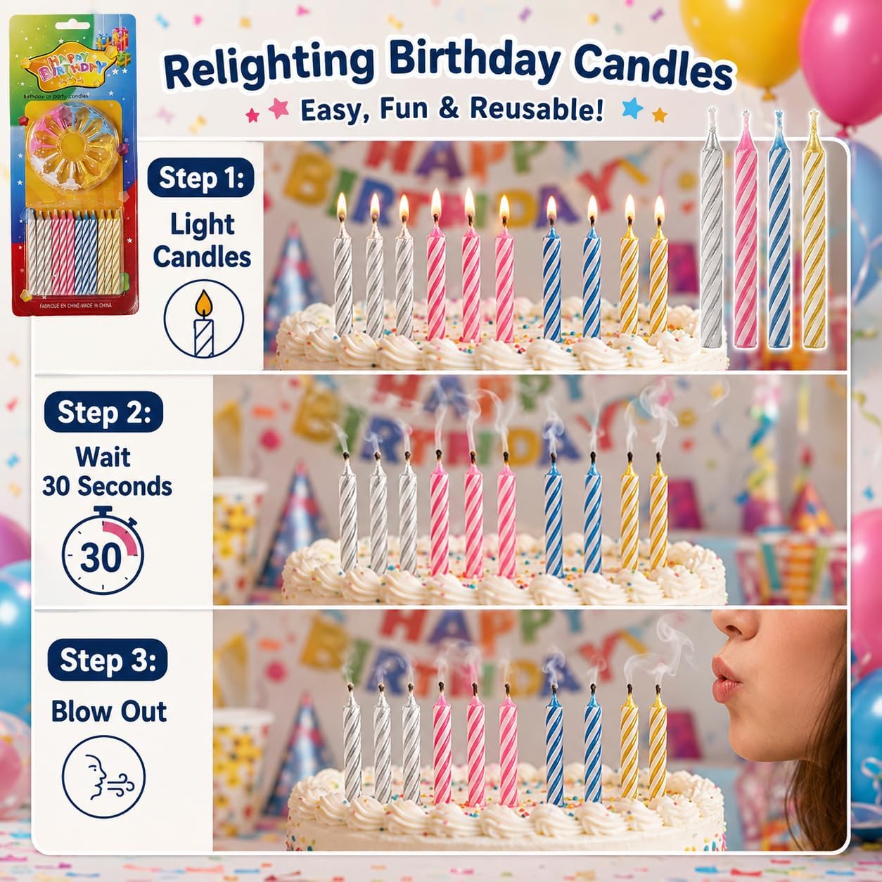 Magic Relighting Birthday Candles, Relight After Blow Out Cake Candles, Funny Surprise Birthday (12 Multicolor)