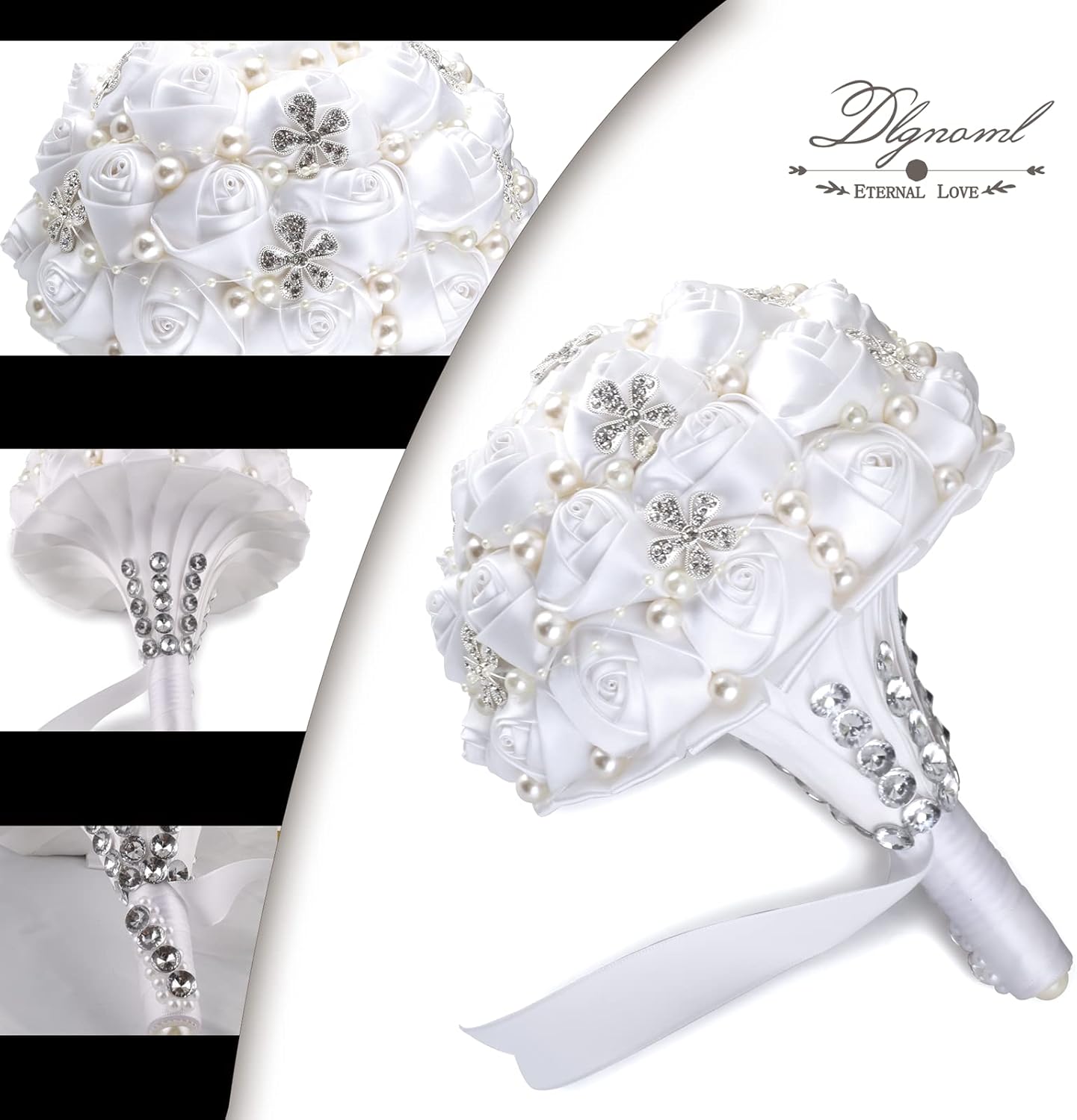 Handmade Wedding Flowers Bridal Bouquets Crystal Bride Holding Bouquet White Ivory Satin Roses with Diamond Pearl Ribbon.(allwhite) - Image 3