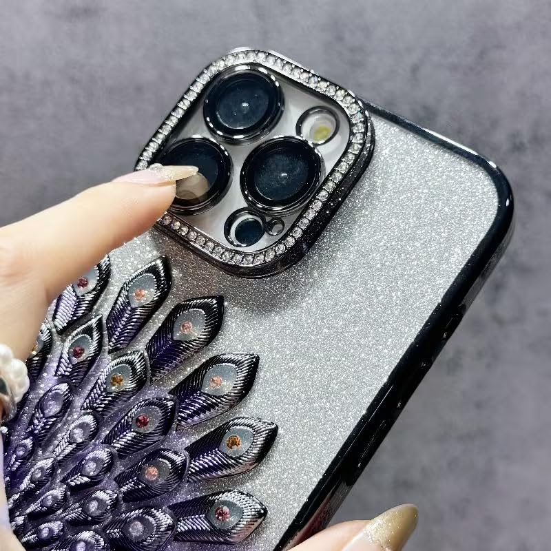 Image of mobistyle Case for iPhone 15 Pro,3D Diamond Luxury Electroplate Glitter Peacock Tail Bling Design Camera Protection Shockproof Phone Case for (Purple, iPhone 15 Pro)