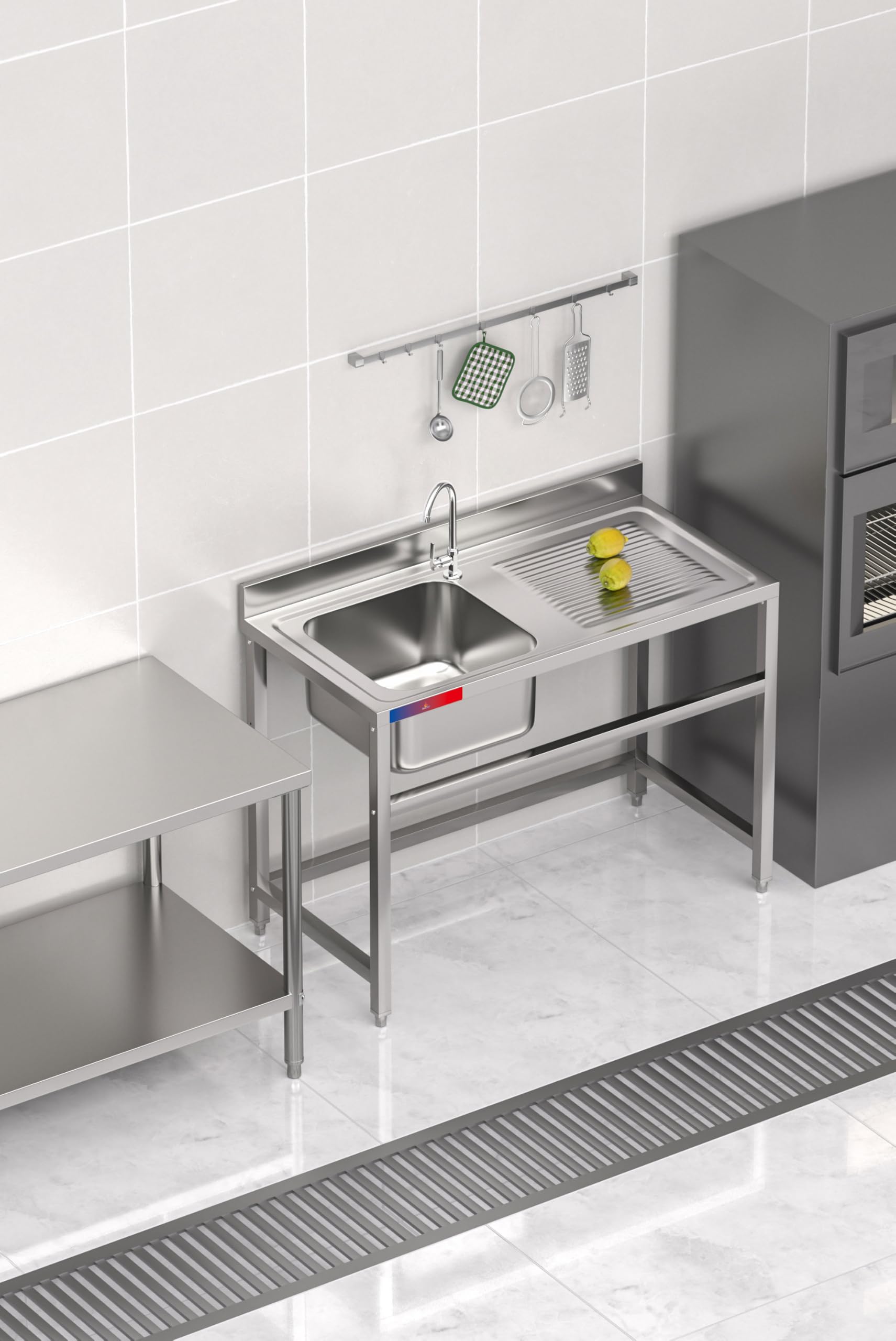 Fregadero Industrial Acero Inoxidable | 1 Seno con Escurridor | 1200x600x850mm | Barra de Refuerzo, Peto Sanitario y Patas Regulables, Ideal Hostelería, Bares y Cocinas Profesionales