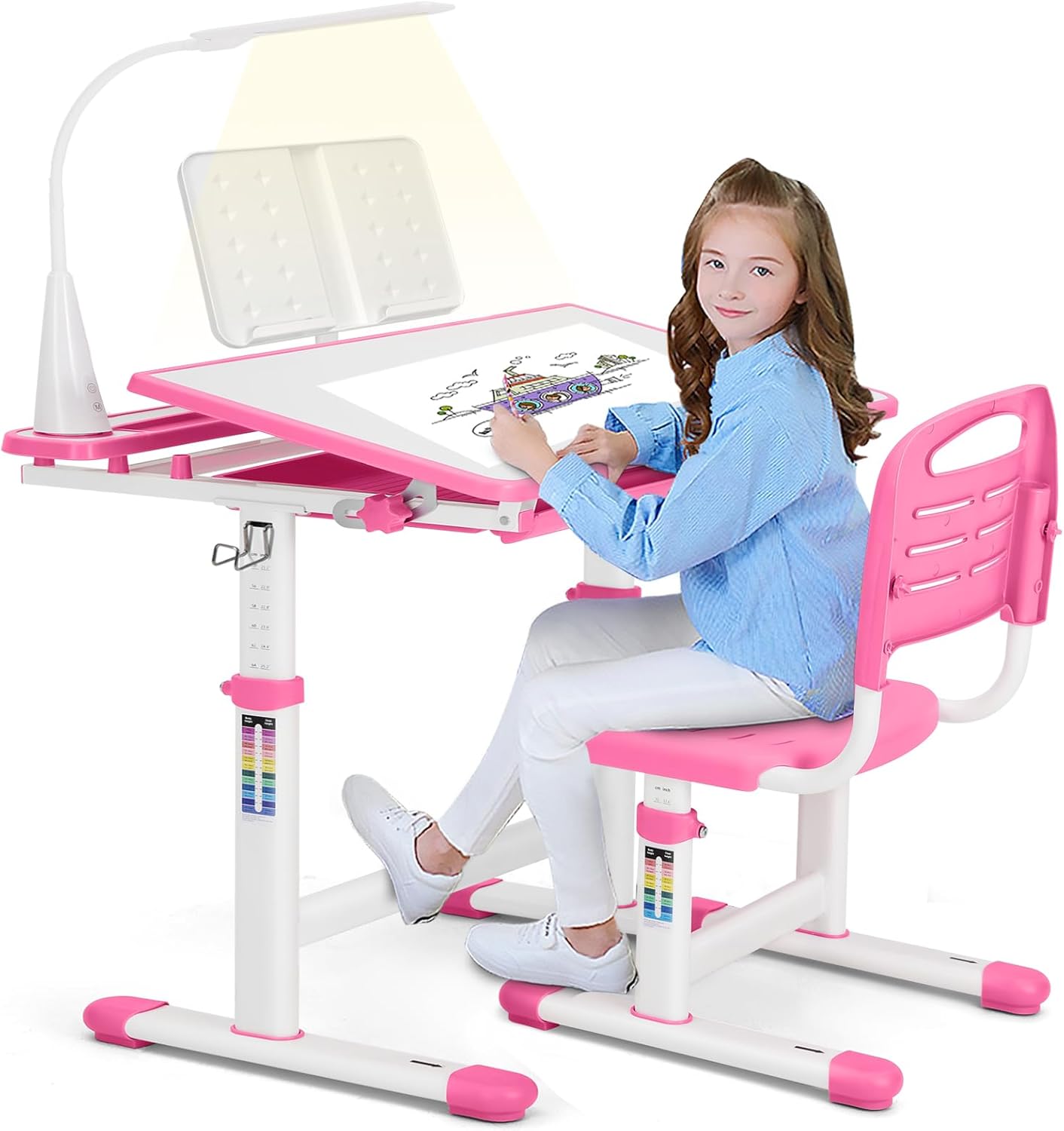 Artist hand Kids Desk and Chair Set, Ergonomic Height Adjustable Kids Desk with Tiltable Desktop, LED Light & Pull-Out Drawer, Kids Drawing Table Study Desk for Kids 3-12 Boys Girls, Pink