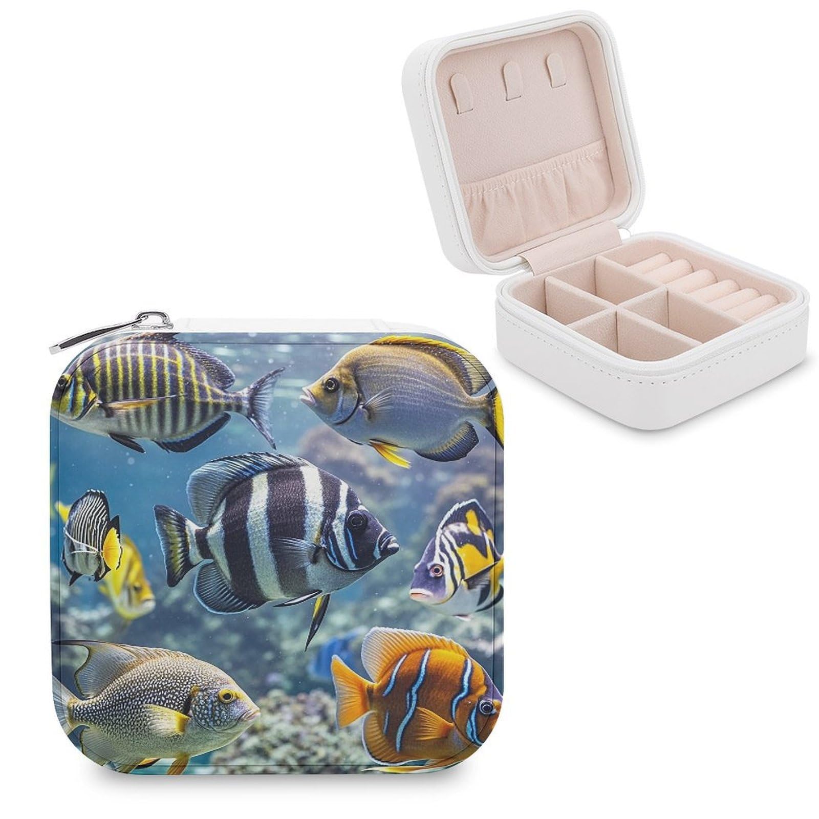 FekiLoot Different Fish Travel Jewelry Box Small Jewelry Organizer Storage Case Portable PU Leather Mini Jewellry Travel Case Necklace Ring Storage Organizer Gift for Women