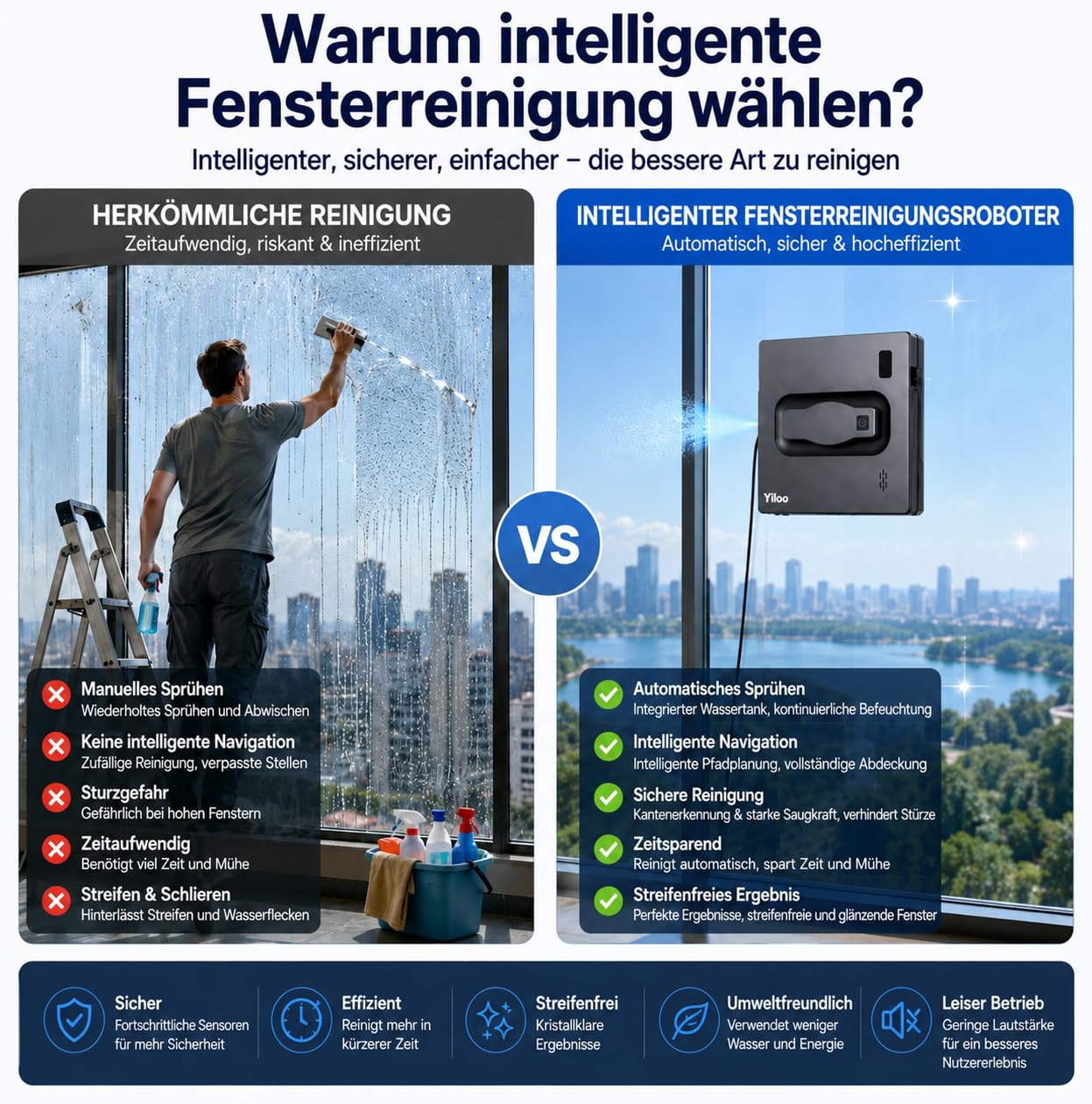 Smart Fensterputzroboter mit 4-fach Sprühsystem, Starker Saugleistung & Intelligenter Navigation – App- & Fernbedienung, Automatische Randerkennung, Integrierter Wassertank & Sicherheitsseil