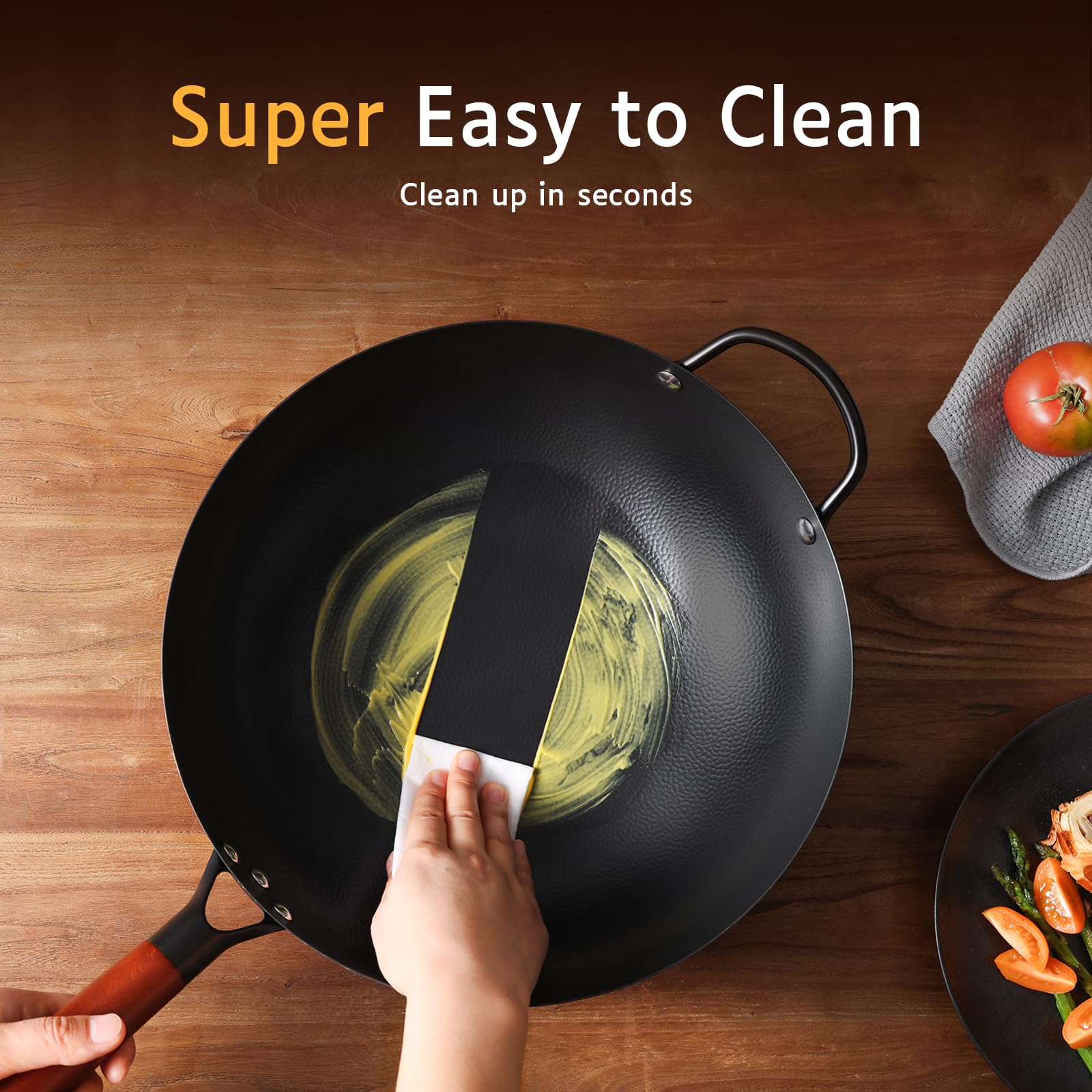 Kordisen Wok de Acero al Carbono 32cm con Tapa, Mango de Madera, Fondo Plano para Inducción y Gas, Antiadherente Natural, Gran Capacidad para 3-6 Personnes, Sartenes para Saltear Estilo Asiático | 17 cm Flachboden für Induktion, Gas, Elektro und Glaskeram