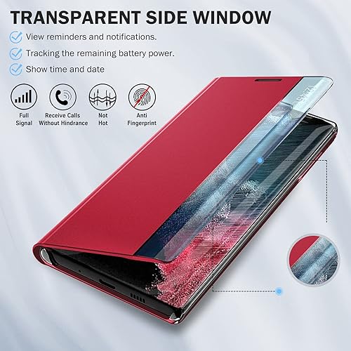 Miniatura 4 de Funda para Samsung Galaxy S22 Ultra 5G, ventana transparente delgada para Samsung S22 Ultra, espejo de lujo, PC duro, soporte de cuero, a prueba