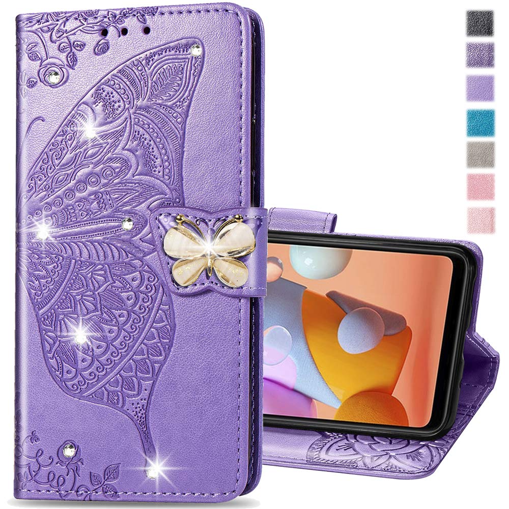 COTDINFOR Compatible with Samsung Galaxy S23 Ultra Case Glitter Bling with Card Holder Stand Leather Flip Wallet Diamond Butterfly Protective Case for Samsung Galaxy S23 Ultra Crystal Lavender