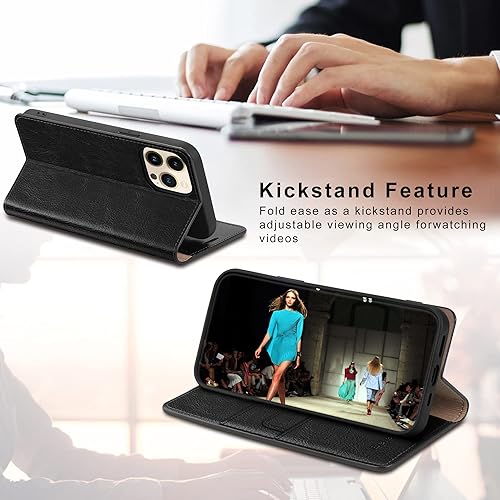 Miniatura 6 de Belemay Funda compatible con iPhone 15 Pro, piel auténtica, tarjetero con bloqueo RFID, carcasa de poliuretano termoplástico a prueba de golpes,