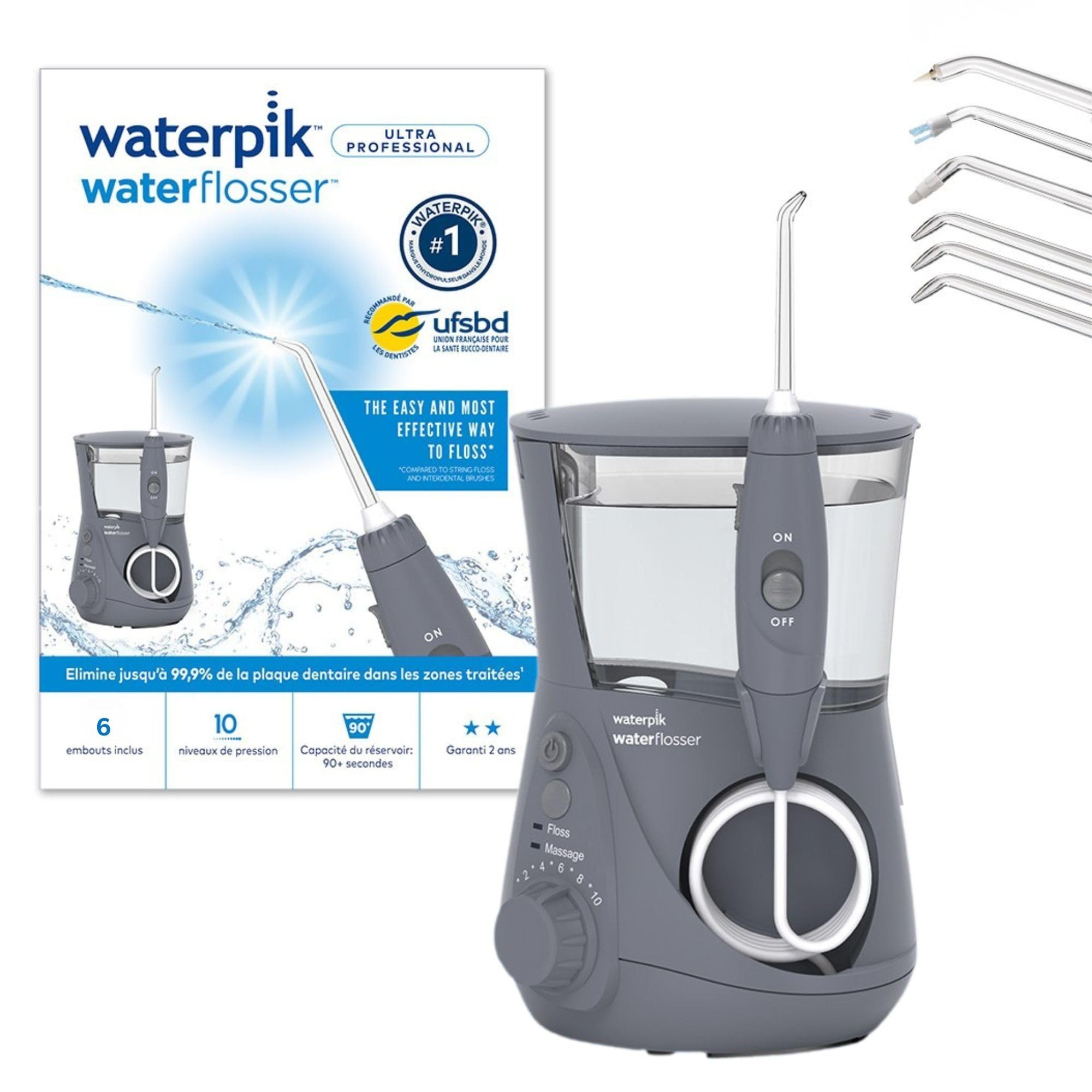 Waterpik - Hydropulseur Ultra Professional, Jet Dentaire avec 7 Embouts et 10 Niveaux de Pression, Élimine la Plaque, Gris (WP-667EU)